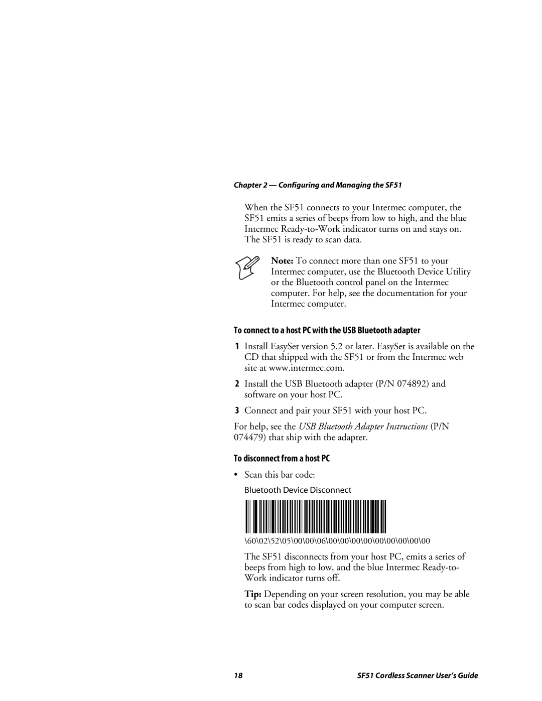 Intermec SF51 manual To connect to a host PC with the USB Bluetooth adapter, To disconnect from a host PC 