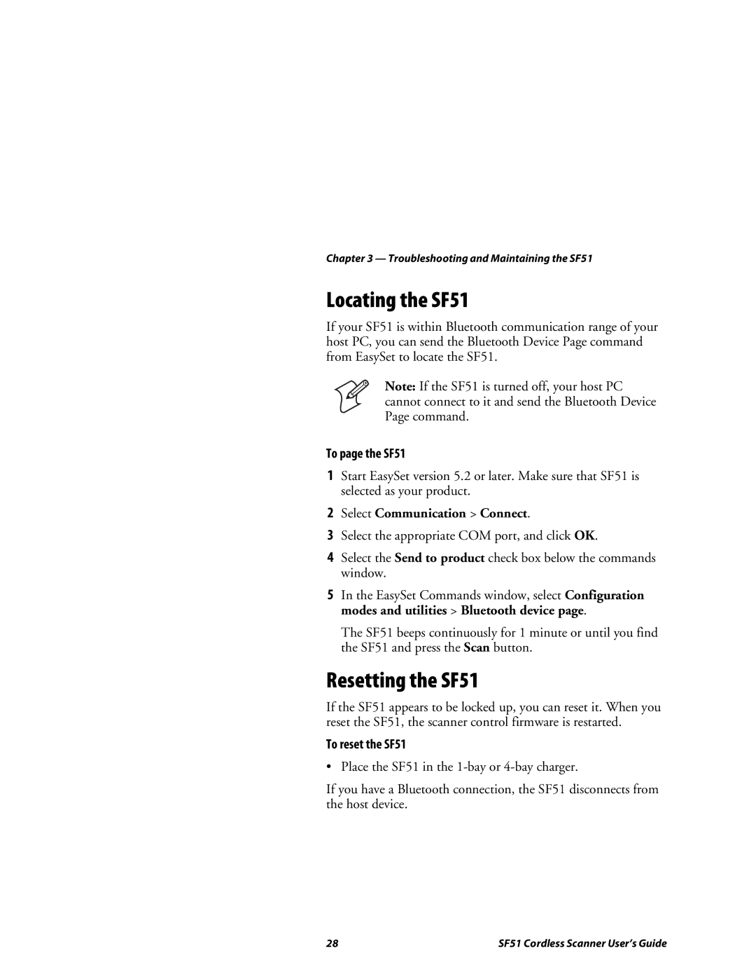 Intermec manual Locating the SF51, Resetting the SF51, To page the SF51, To reset the SF51 