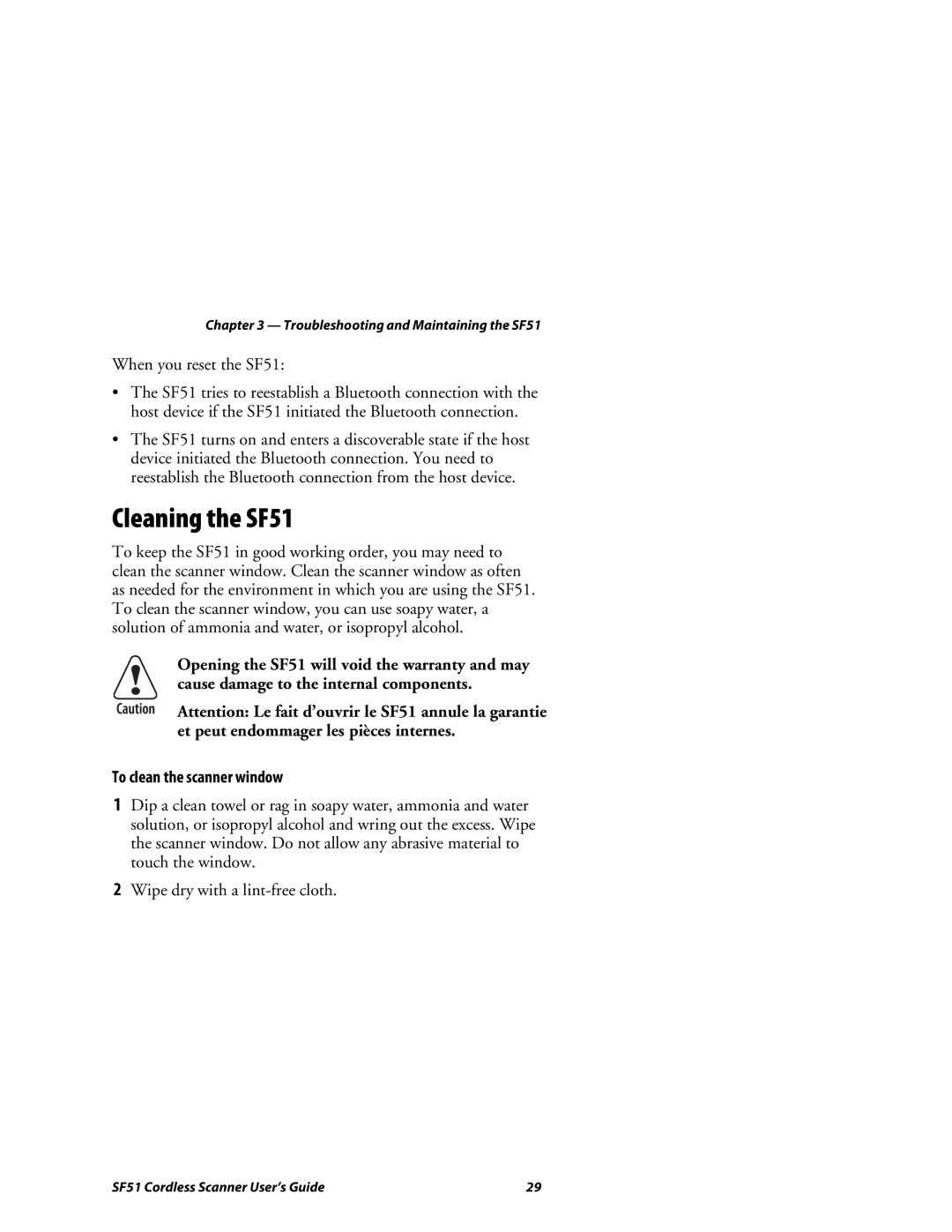 Intermec manual Cleaning the SF51, To clean the scanner window 