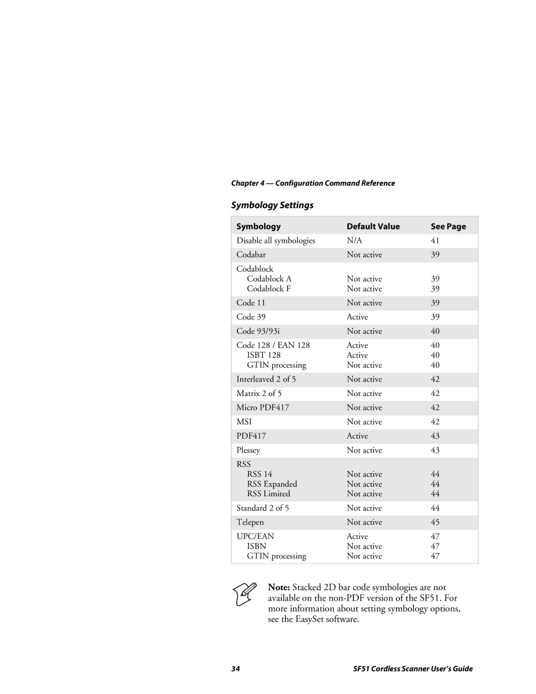 Intermec SF51 manual Symbology Settings, Symbology Default Value See 