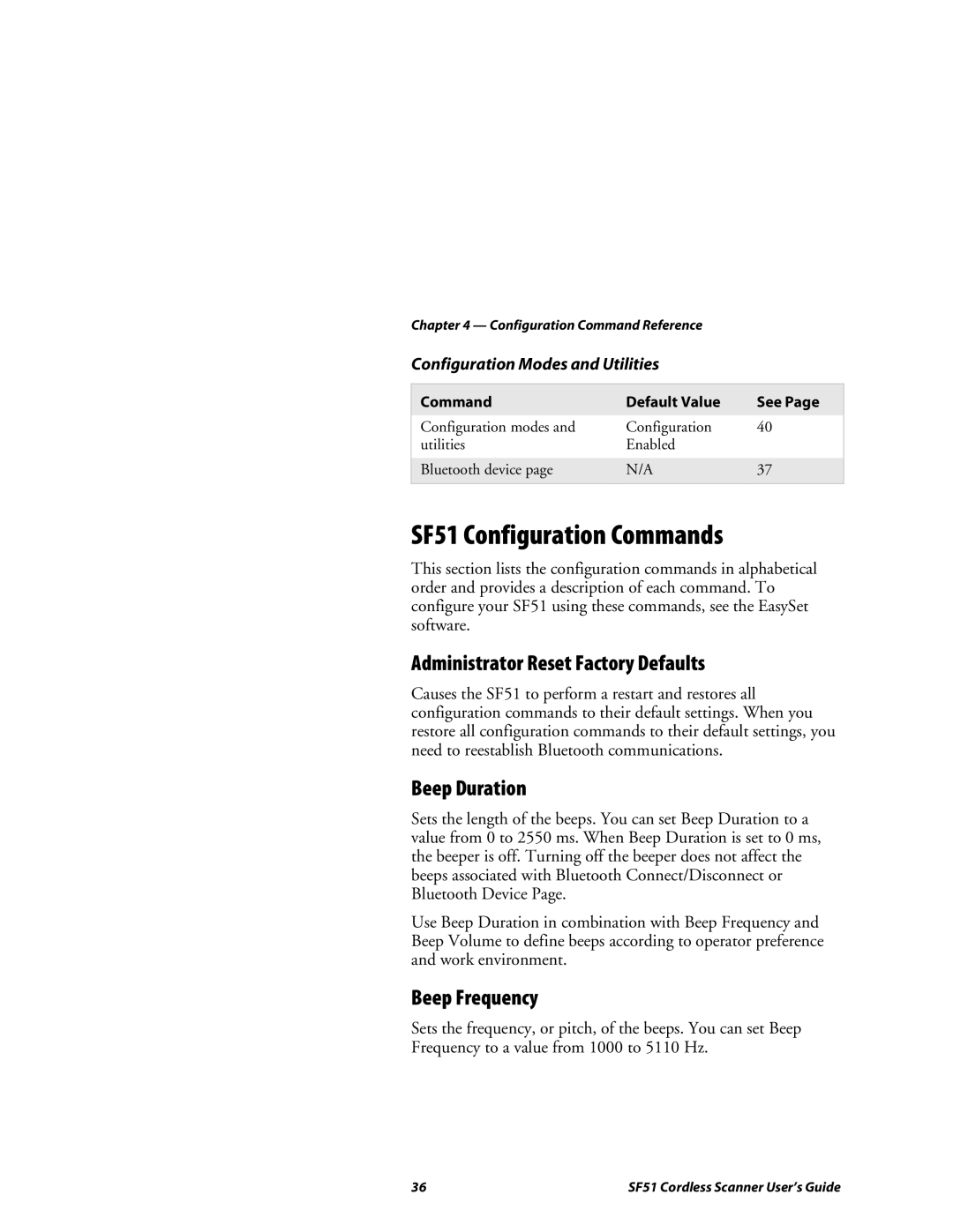 Intermec manual SF51 Configuration Commands, Administrator Reset Factory Defaults, Beep Duration, Beep Frequency 