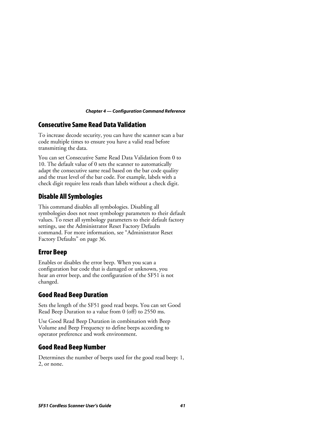 Intermec SF51 manual Consecutive Same Read Data Validation, Disable All Symbologies, Error Beep, Good Read Beep Duration 