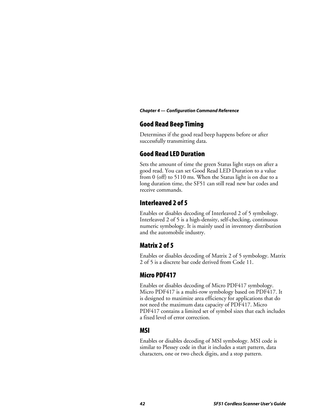 Intermec SF51 manual Good Read Beep Timing, Good Read LED Duration, Interleaved 2, Matrix 2 