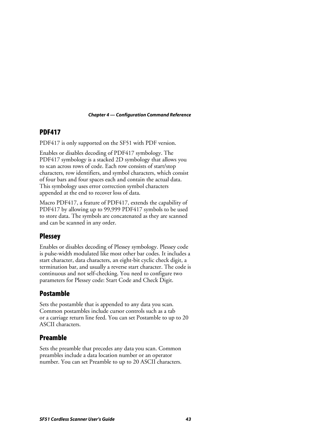 Intermec SF51 manual Plessey, Postamble, Preamble 