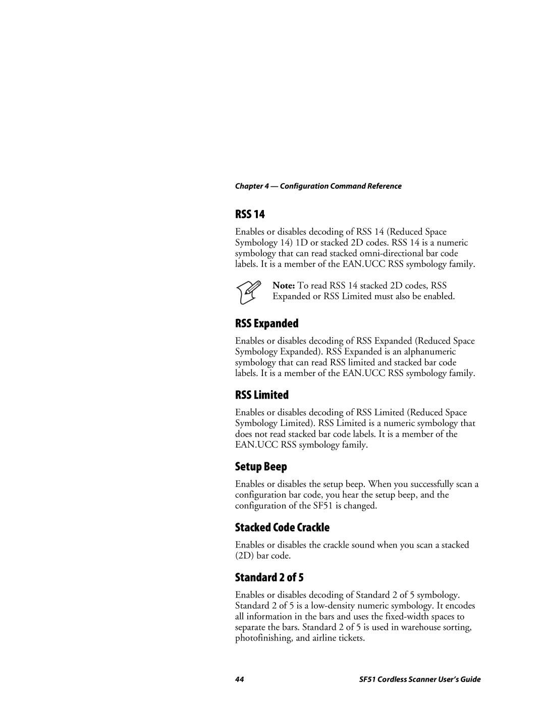 Intermec SF51 manual Rss, RSS Expanded, RSS Limited, Setup Beep, Stacked Code Crackle, Standard 2 