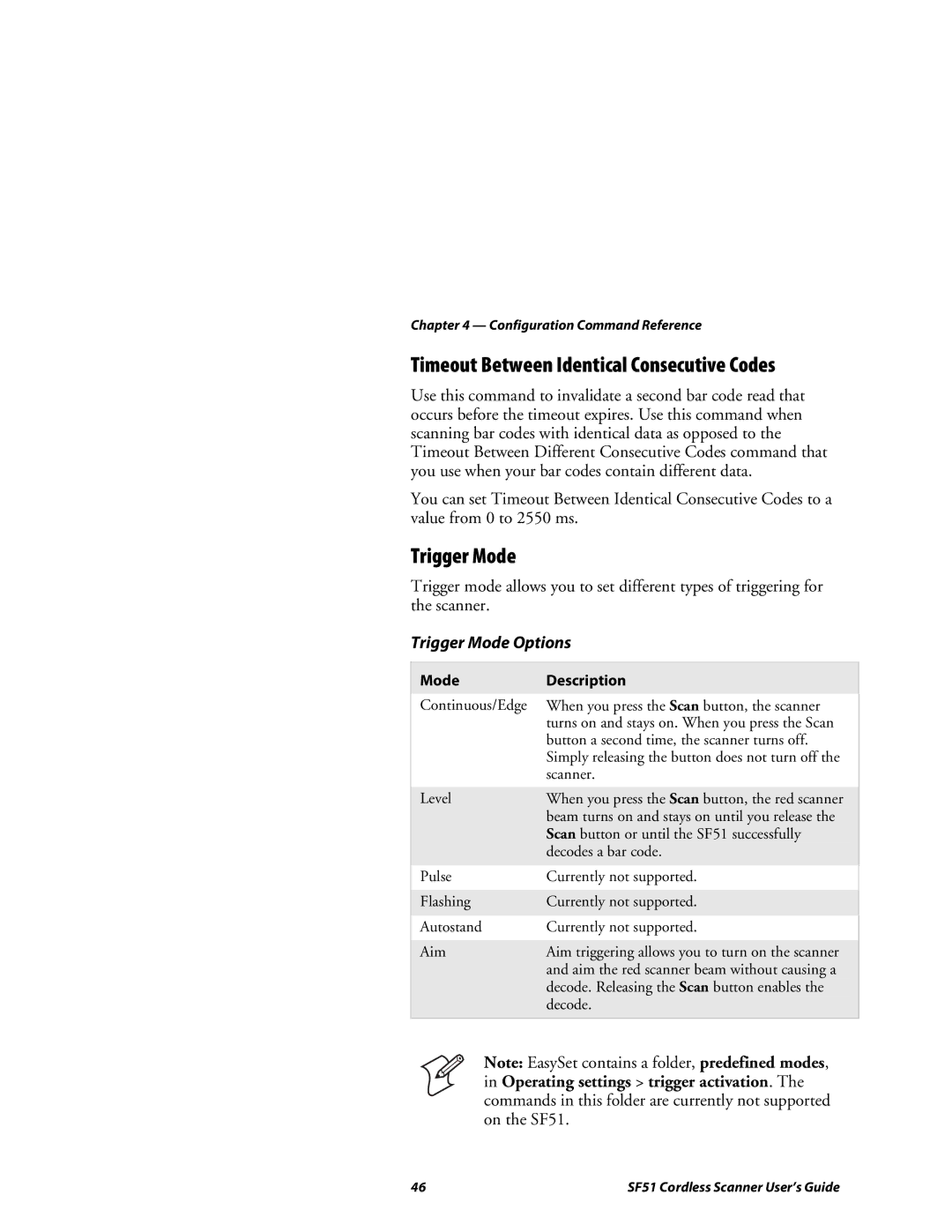 Intermec SF51 manual Timeout Between Identical Consecutive Codes, Trigger Mode Options, Mode Description 