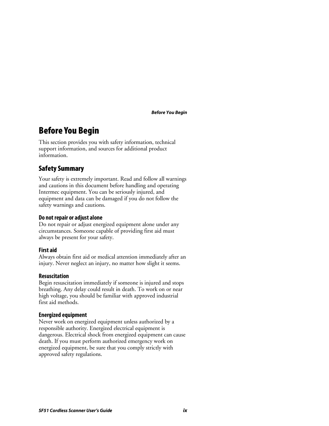 Intermec SF51 manual Before You Begin, Safety Summary 