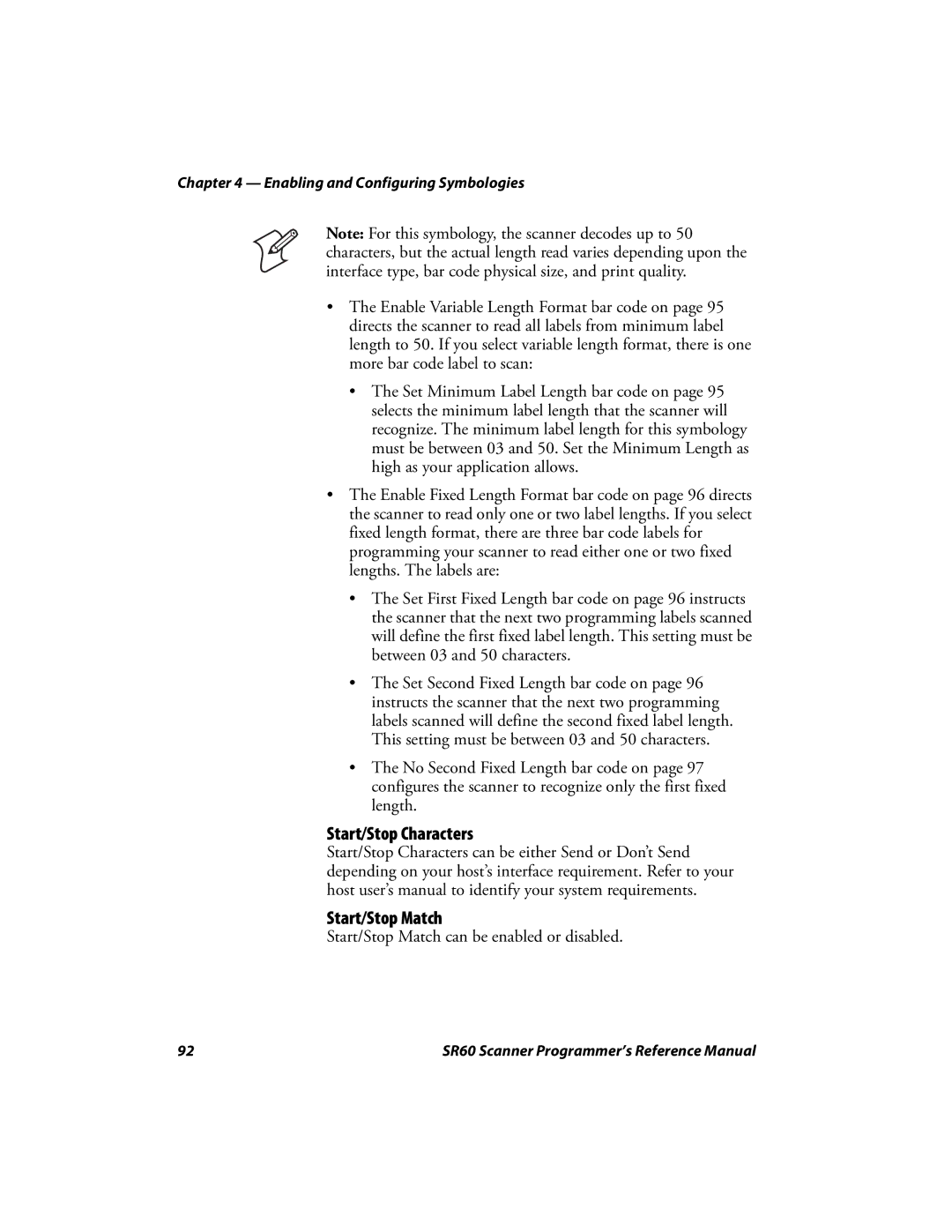 Intermec SR60 manual Start/Stop Characters, Start/Stop Match 