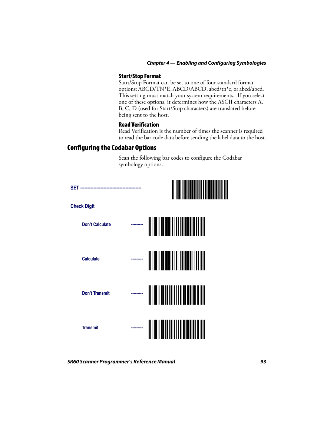 Intermec SR60 manual Configuring the Codabar Options, Start/Stop Format 