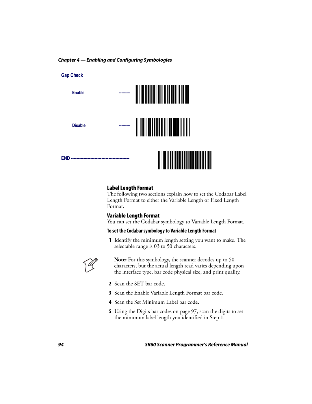 Intermec SR60 manual Label Length Format, To set the Codabar symbology to Variable Length Format 