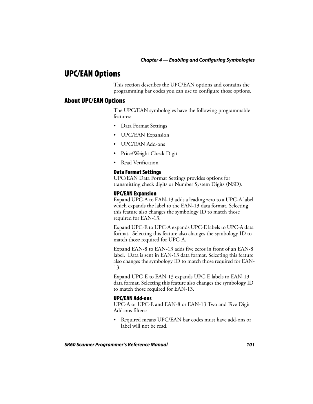 Intermec SR60 manual About UPC/EAN Options, Data Format Settings, UPC/EAN Expansion, UPC/EAN Add-ons 