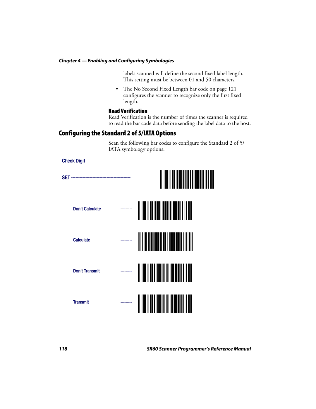 Intermec SR60 manual Configuring the Standard 2 of 5/IATA Options, Read Verification 