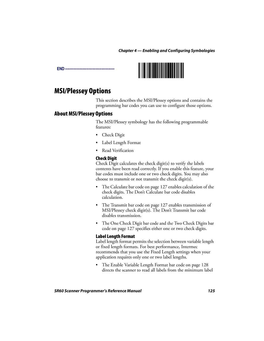 Intermec SR60 manual About MSI/Plessey Options 