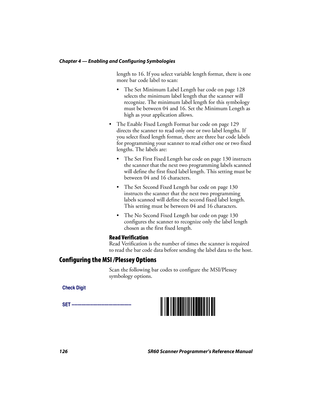 Intermec SR60 manual Configuring the MSI /Plessey Options, Read Verification 