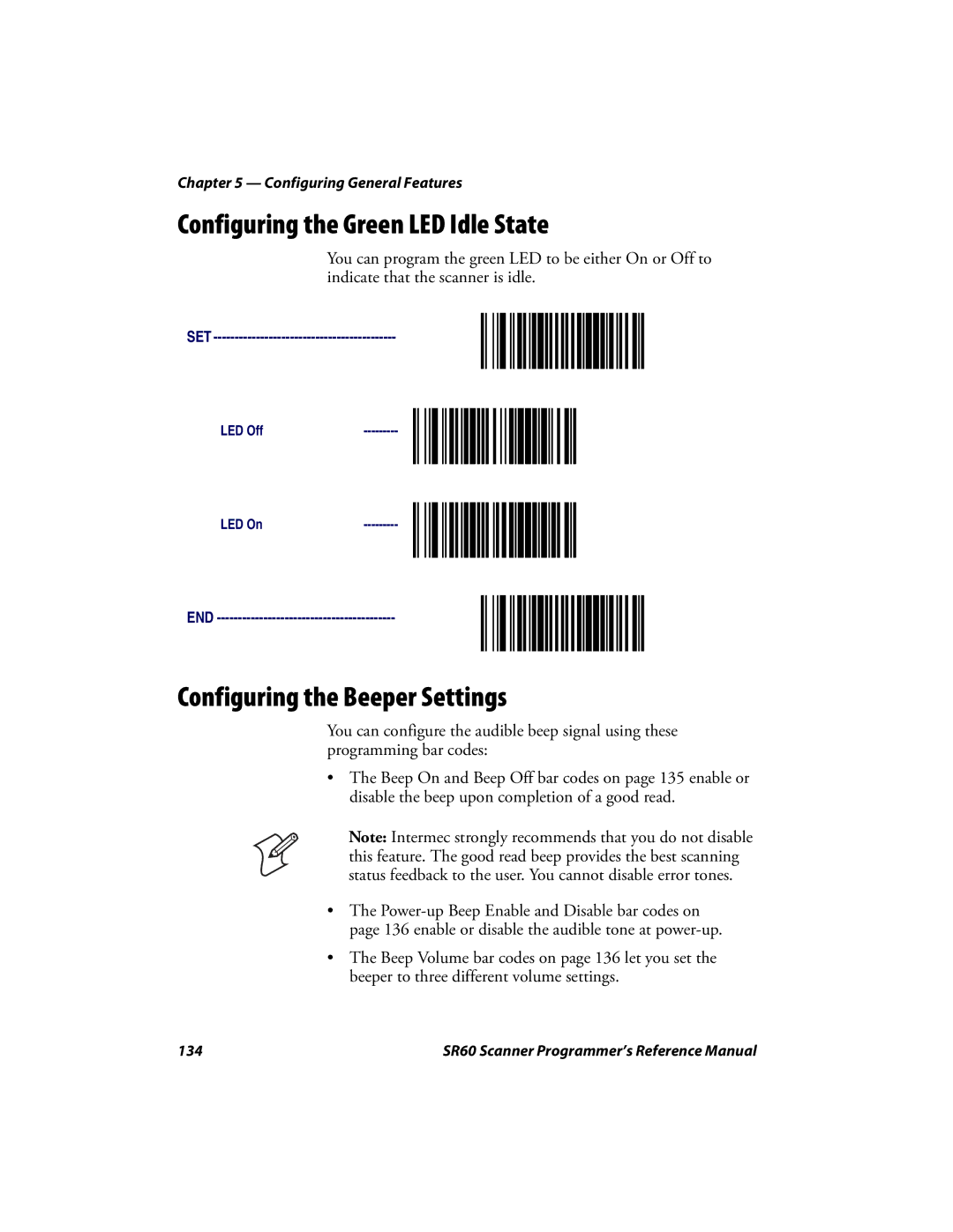 Intermec SR60 manual Configuring the Green LED Idle State, Configuring the Beeper Settings 