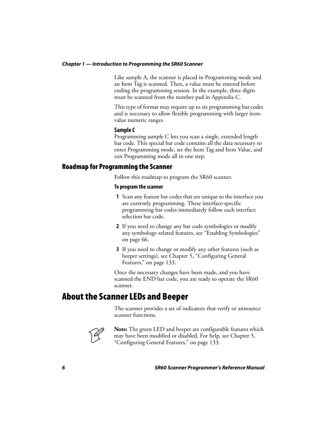 Intermec SR60 About the Scanner LEDs and Beeper, Roadmap for Programming the Scanner, Sample C, To program the scanner 