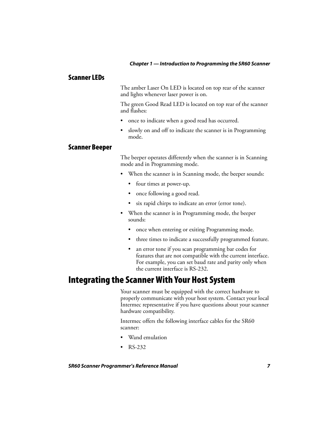 Intermec SR60 manual Integrating the Scanner With Your Host System, Scanner LEDs, Scanner Beeper 