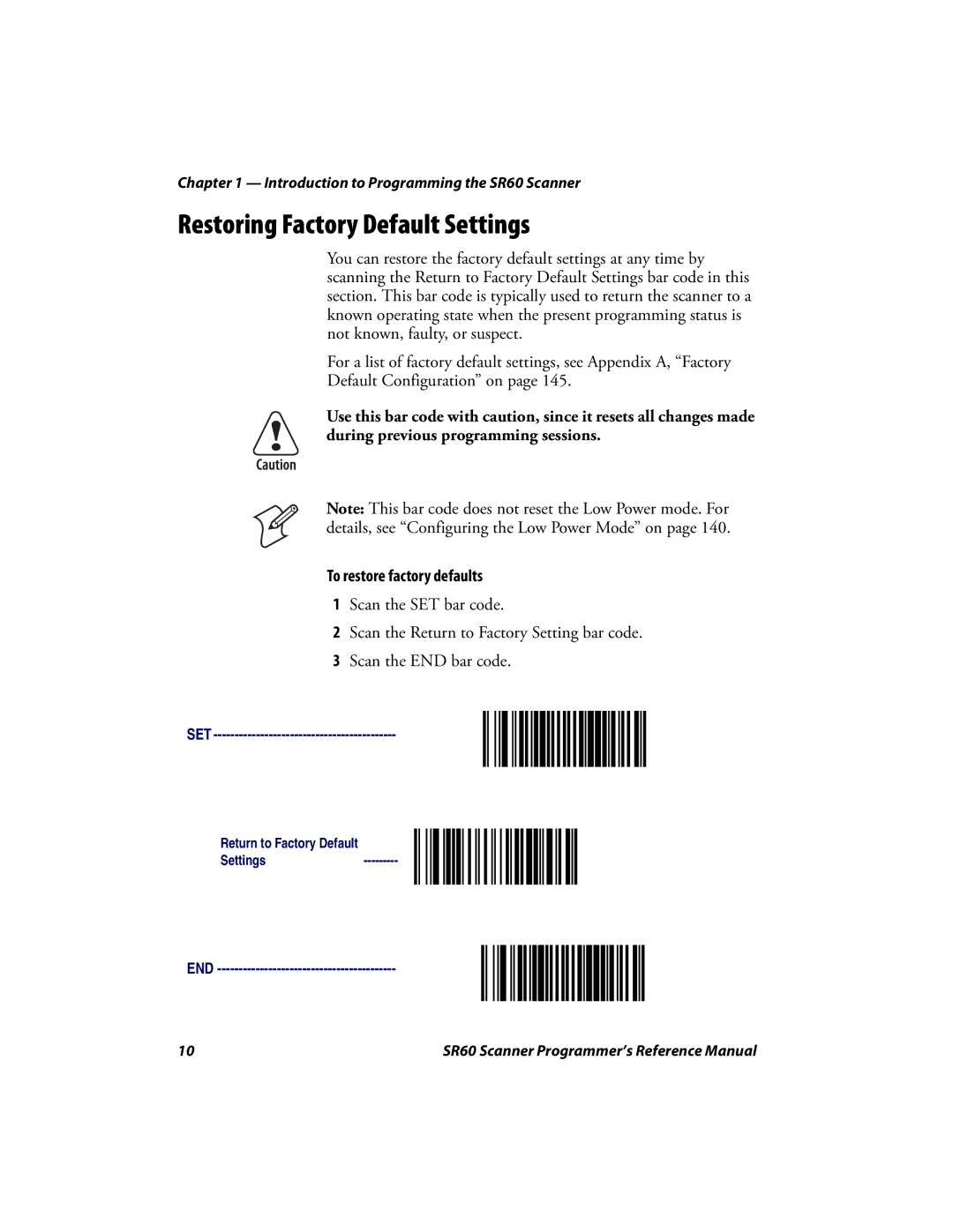 Intermec SR60 manual Restoring Factory Default Settings, To restore factory defaults 