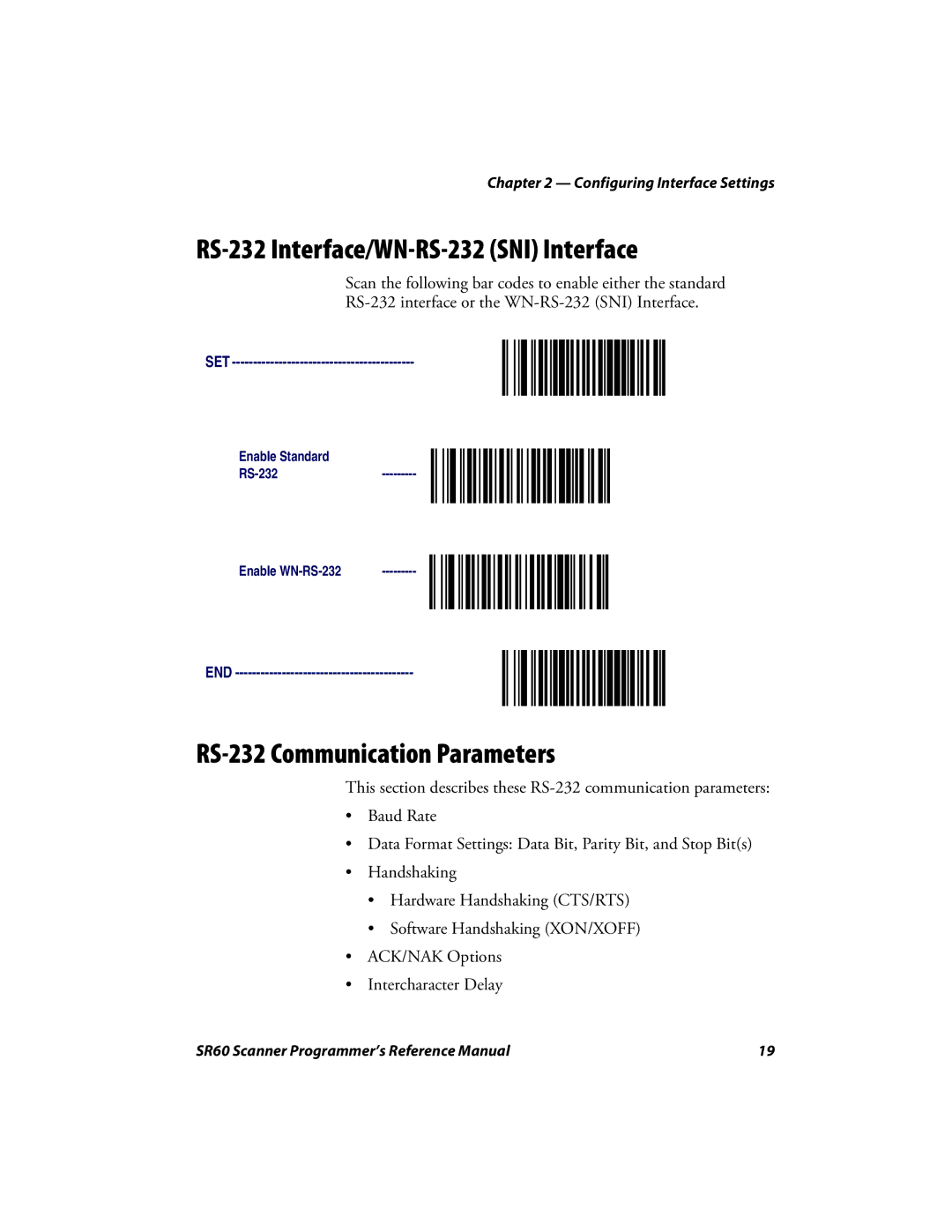 Intermec SR60 manual RS-232 Interface/WN-RS-232 SNI Interface, RS-232 Communication Parameters 