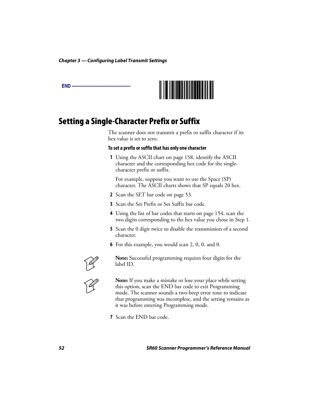 Intermec SR60 manual Setting a Single-Character Prefix or Suffix, To set a prefix or suffix that has only one character 