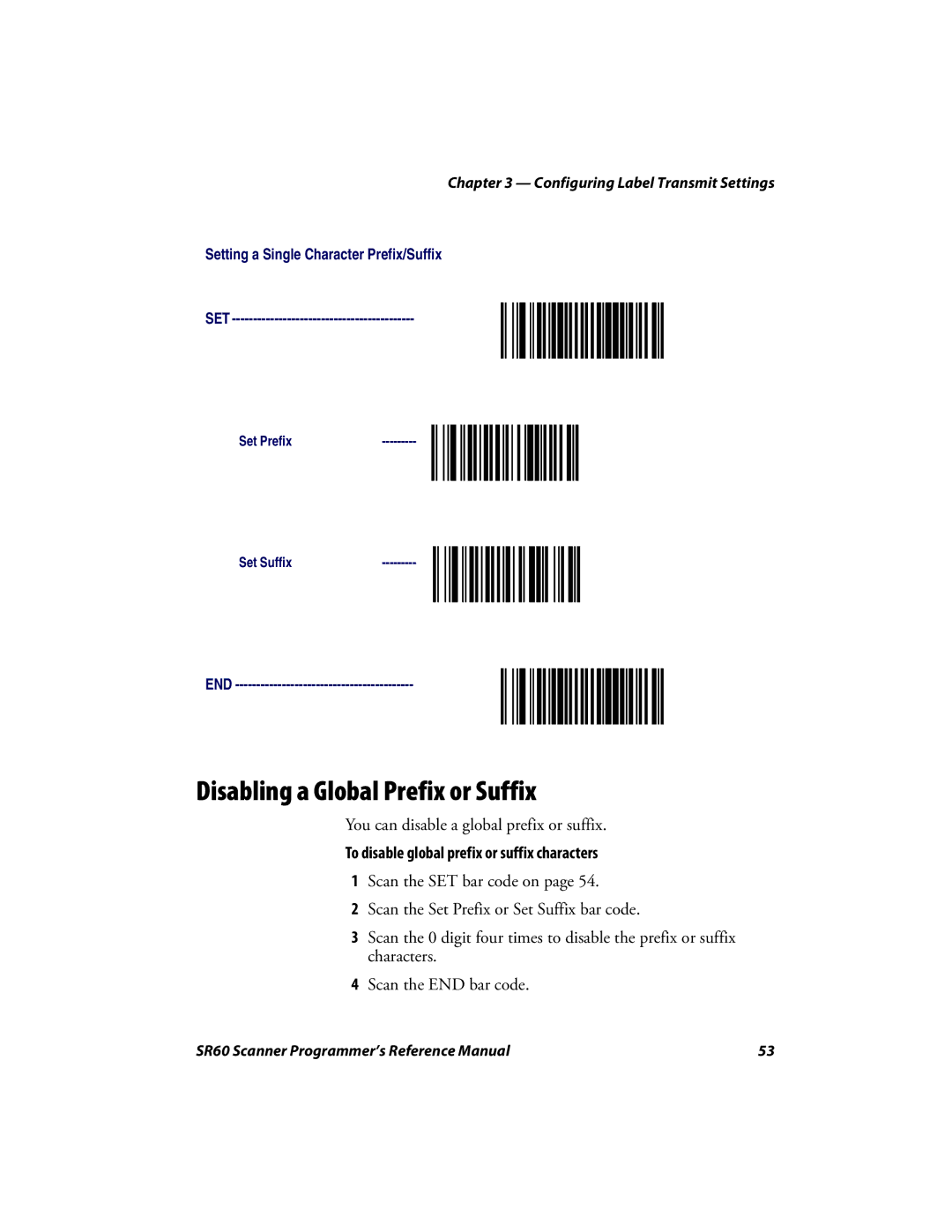 Intermec SR60 manual Disabling a Global Prefix or Suffix, To disable global prefix or suffix characters 