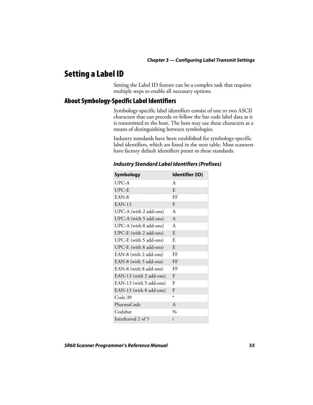 Intermec SR60 manual Setting a Label ID, About Symbology-Specific Label Identifiers 