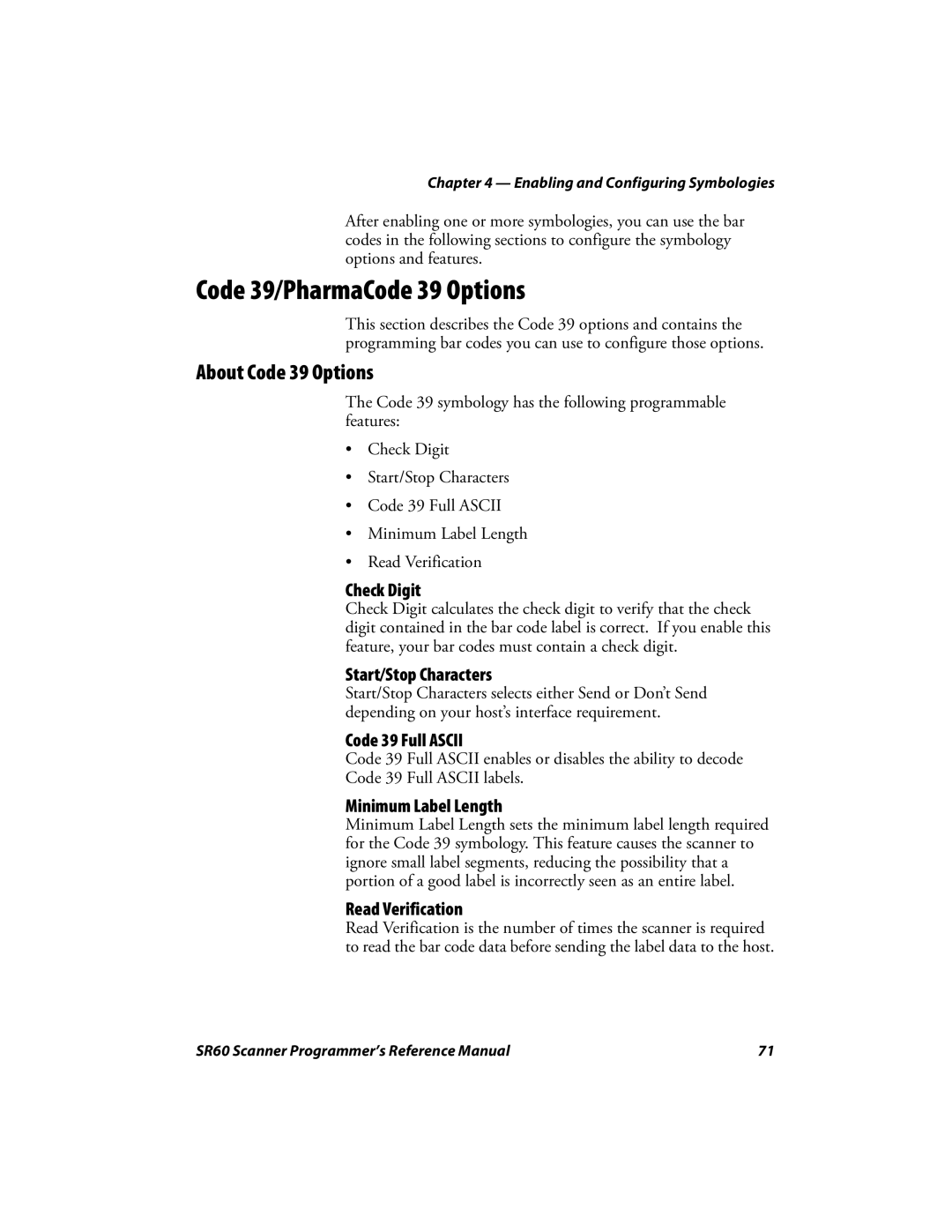 Intermec SR60 manual Code 39/PharmaCode 39 Options, About Code 39 Options 