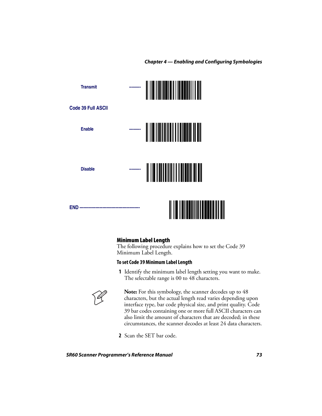 Intermec SR60 manual To set Code 39 Minimum Label Length 