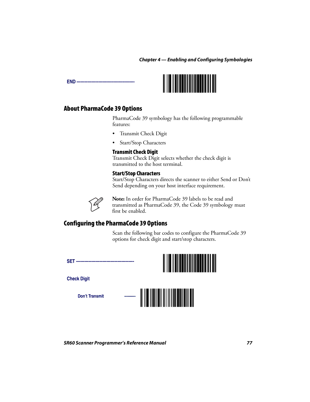 Intermec SR60 manual About PharmaCode 39 Options, Configuring the PharmaCode 39 Options, Transmit Check Digit 