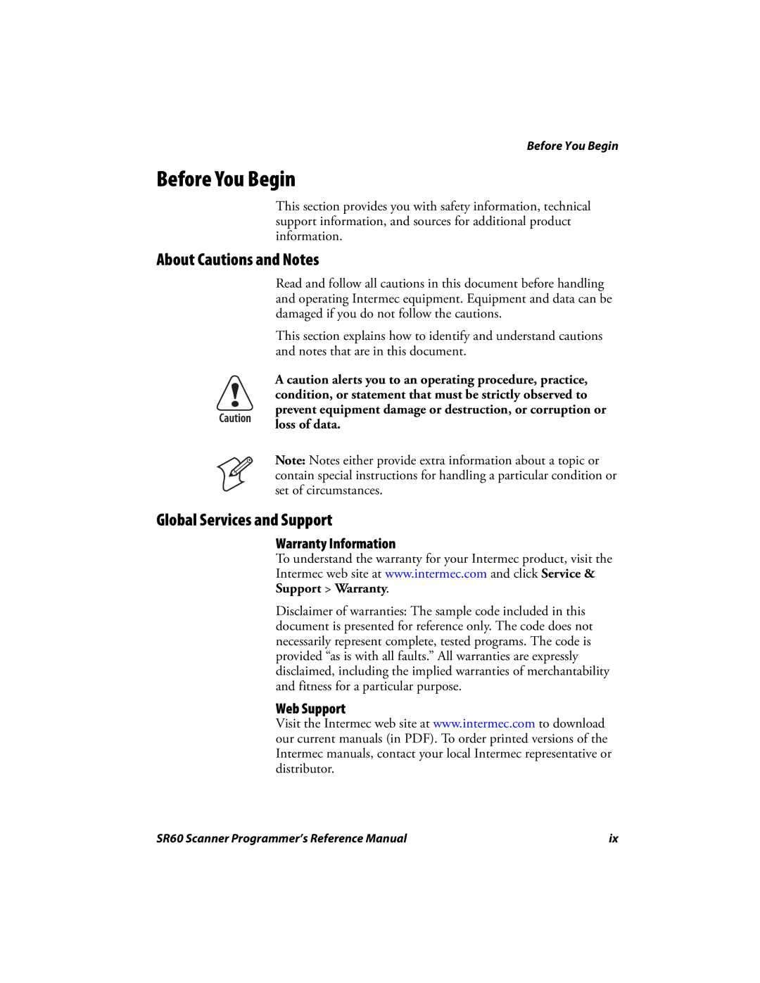 Intermec SR60 Before You Begin, About Cautions and Notes, Global Services and Support, Warranty Information, Web Support 
