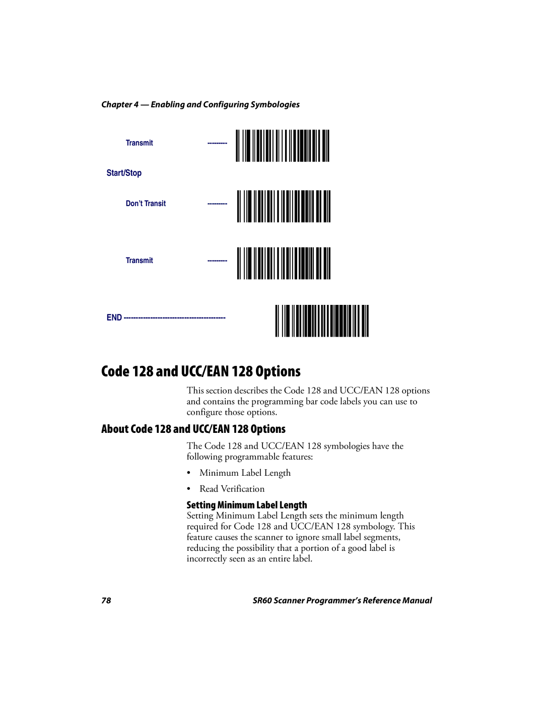 Intermec SR60 manual About Code 128 and UCC/EAN 128 Options, Setting Minimum Label Length 