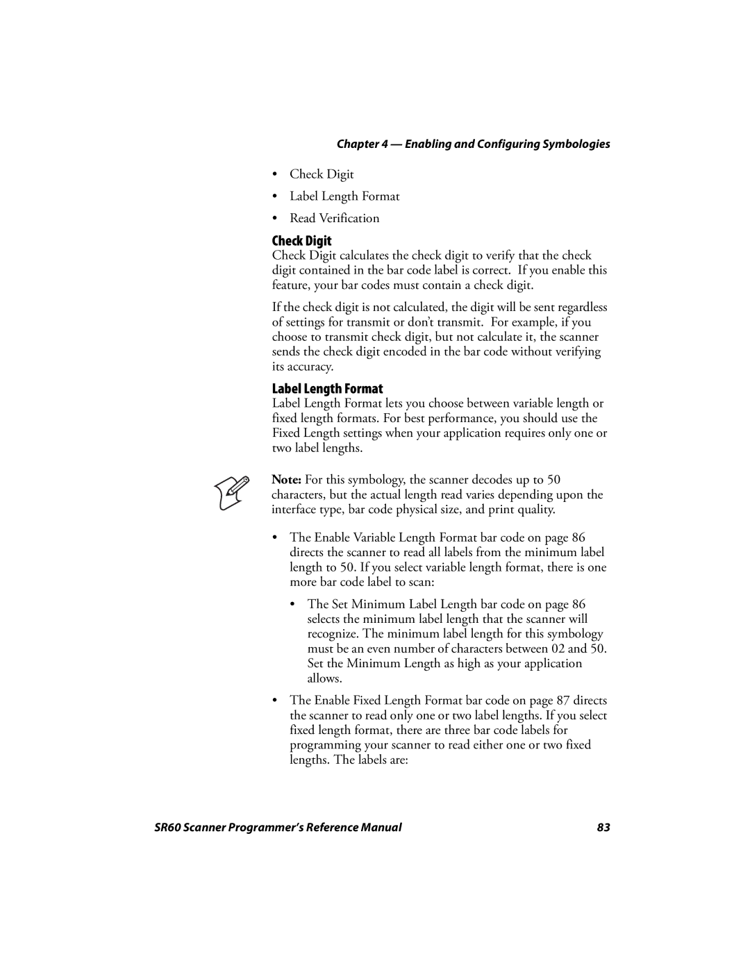 Intermec SR60 manual Check Digit, Label Length Format 