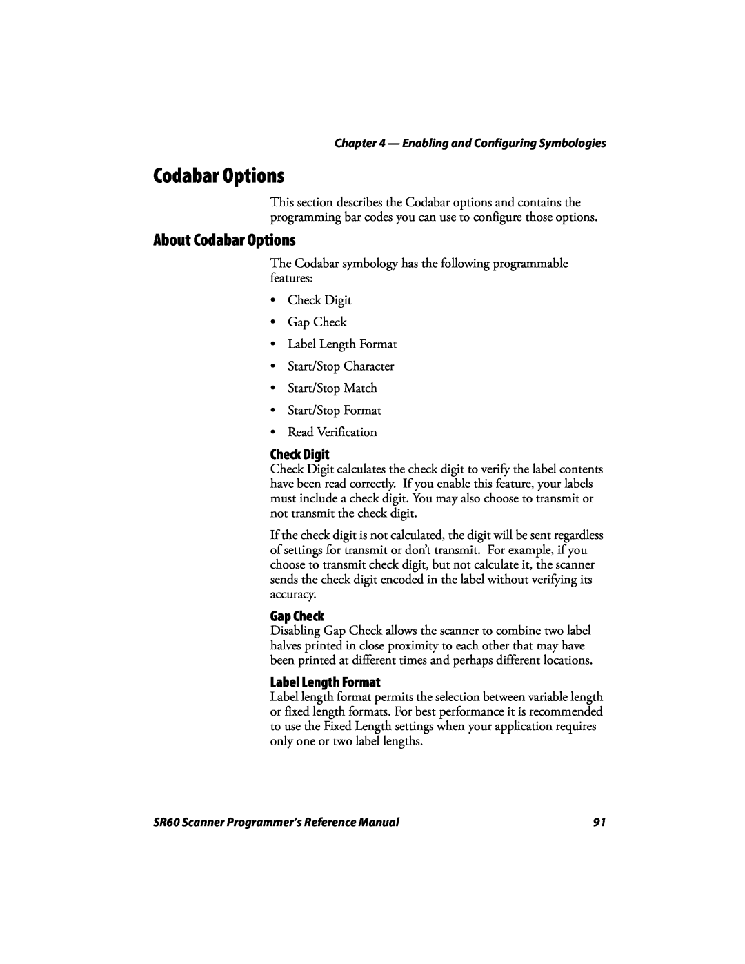 Intermec SR60 manual About Codabar Options, Gap Check, Check Digit, Label Length Format 