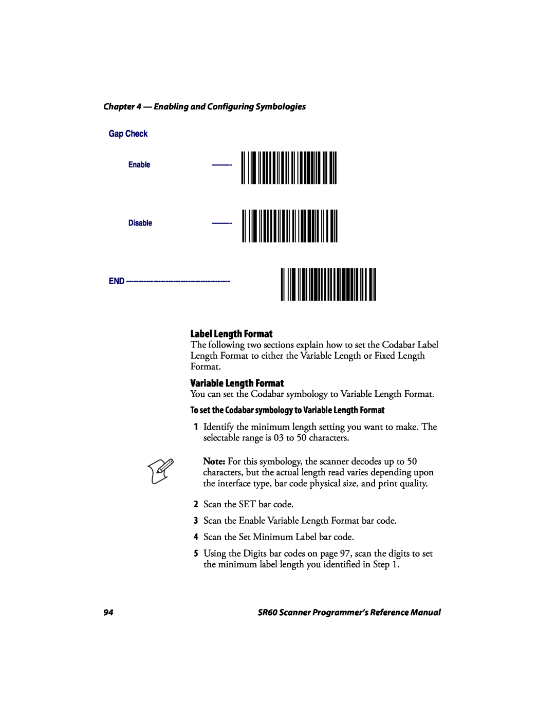 Intermec SR60 manual To set the Codabar symbology to Variable Length Format, Label Length Format 
