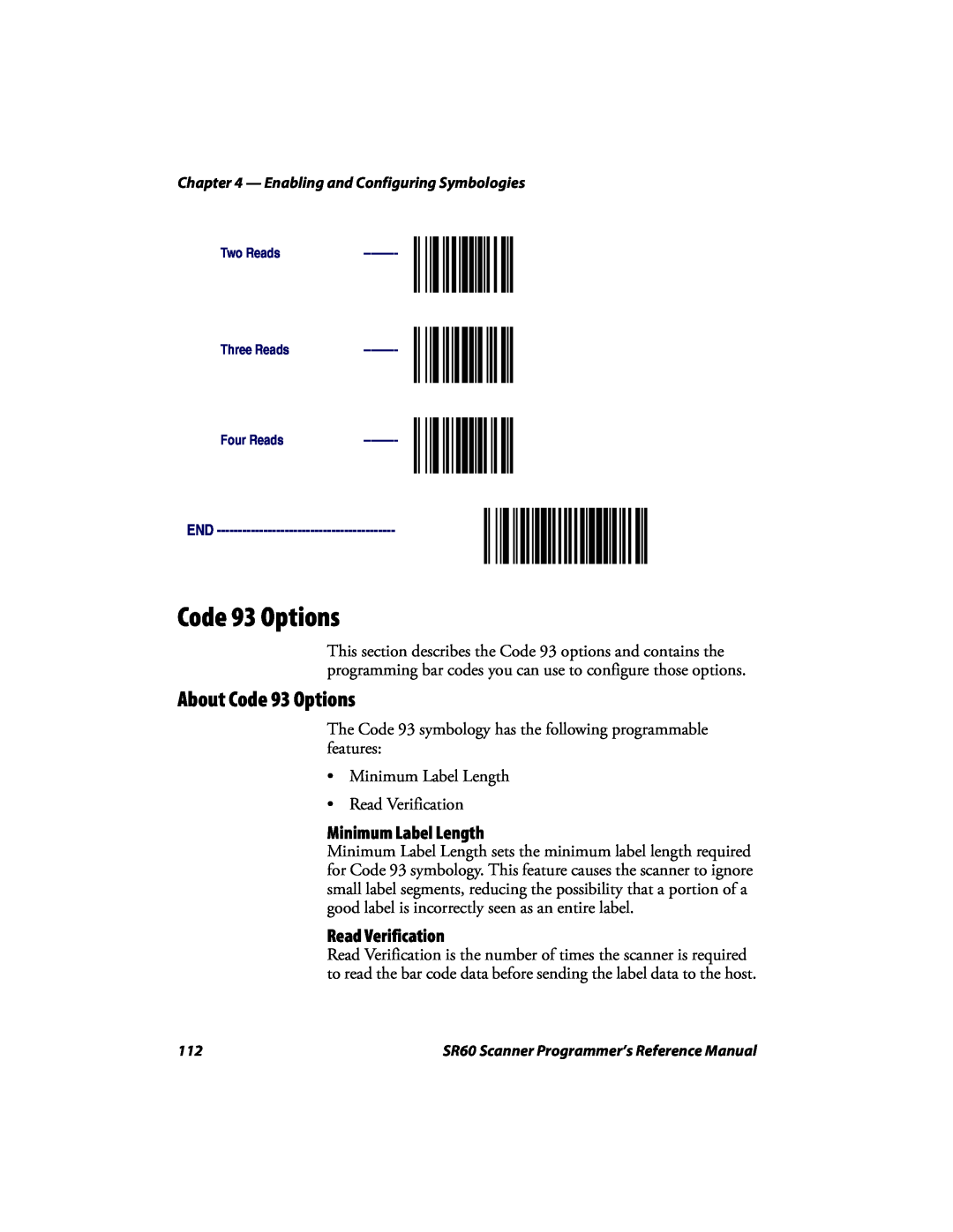 Intermec SR60 manual About Code 93 Options, Minimum Label Length, Read Verification 