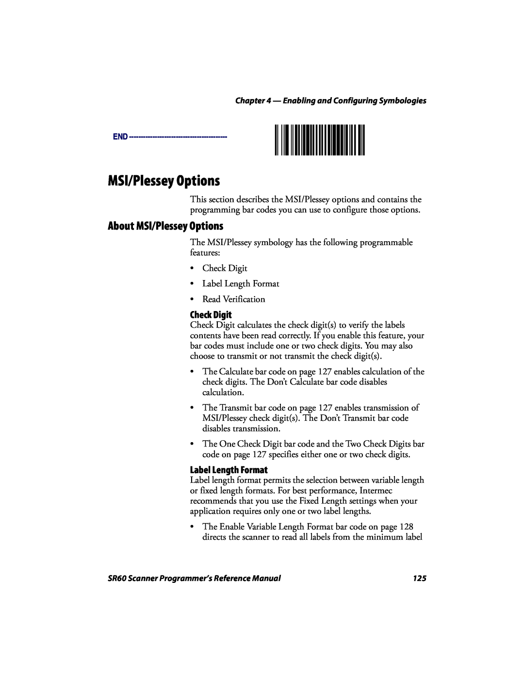 Intermec SR60 manual About MSI/Plessey Options, Check Digit, Label Length Format 