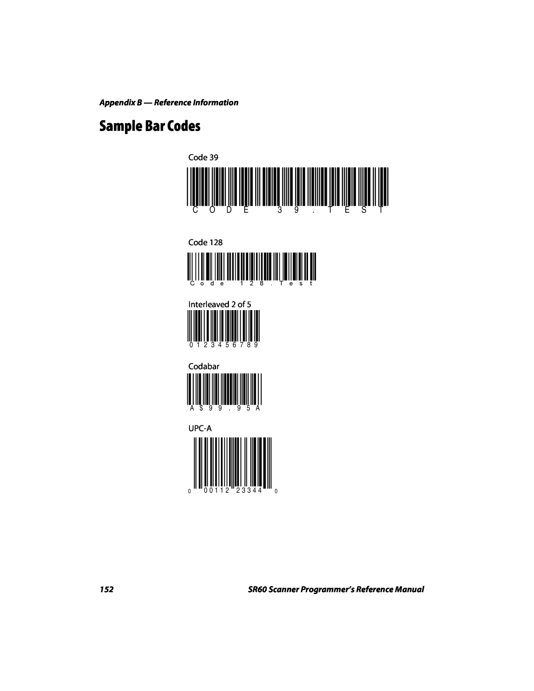 Intermec SR60 manual Sample Bar Codes, C O D E 3 9 . T E S T, Appendix B - Reference Information, Interleaved 2 of, Codabar 
