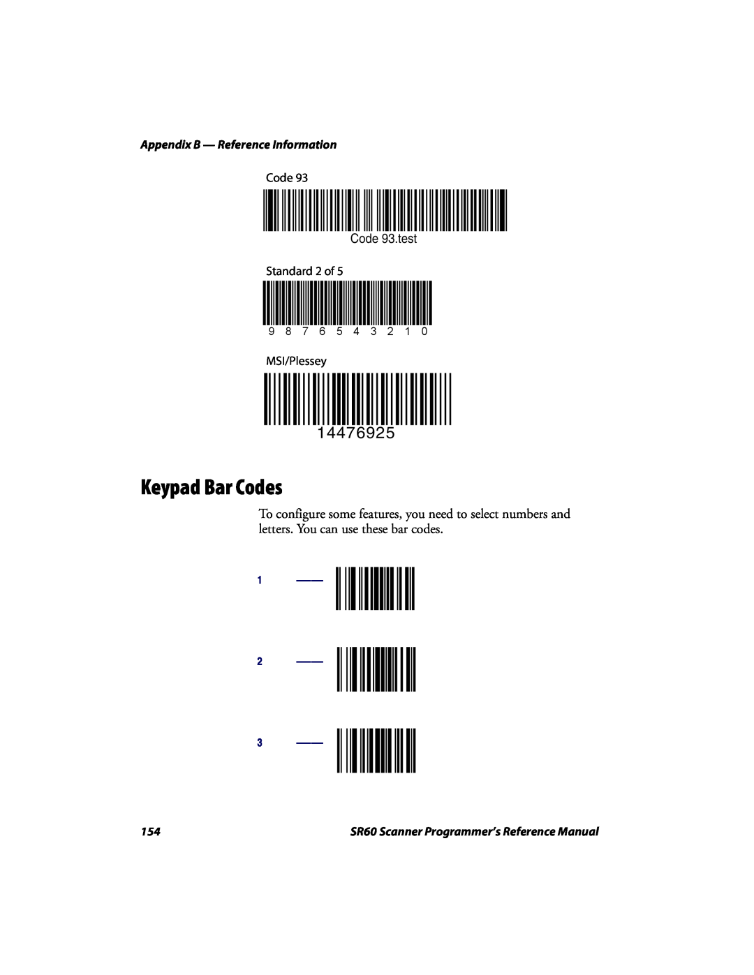 Intermec SR60 Keypad Bar Codes, 14476925, Code 93.test, Appendix B - Reference Information, Standard 2 of, MSI/Plessey 