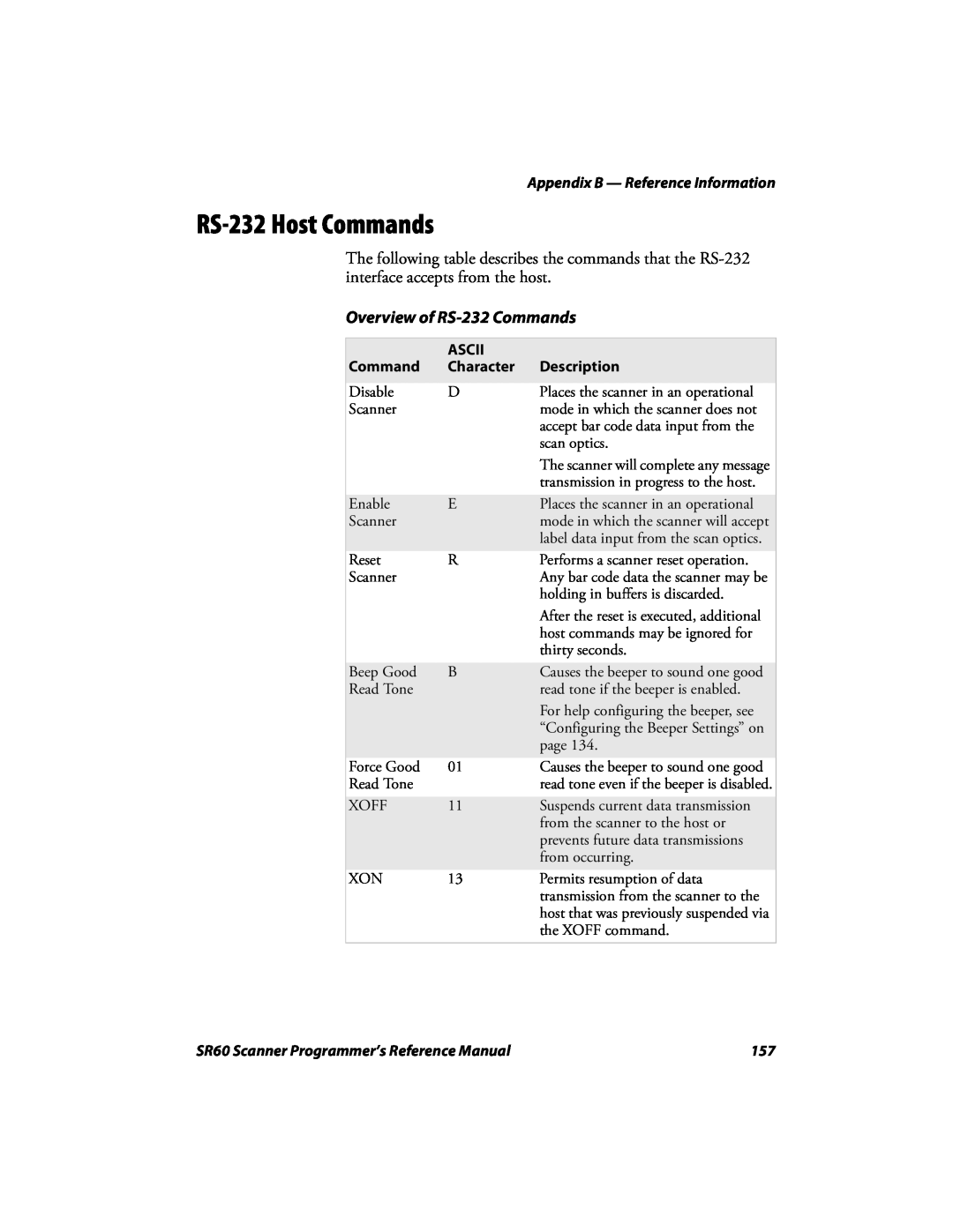 Intermec SR60 manual RS-232 Host Commands, Overview of RS-232 Commands, Appendix B - Reference Information 