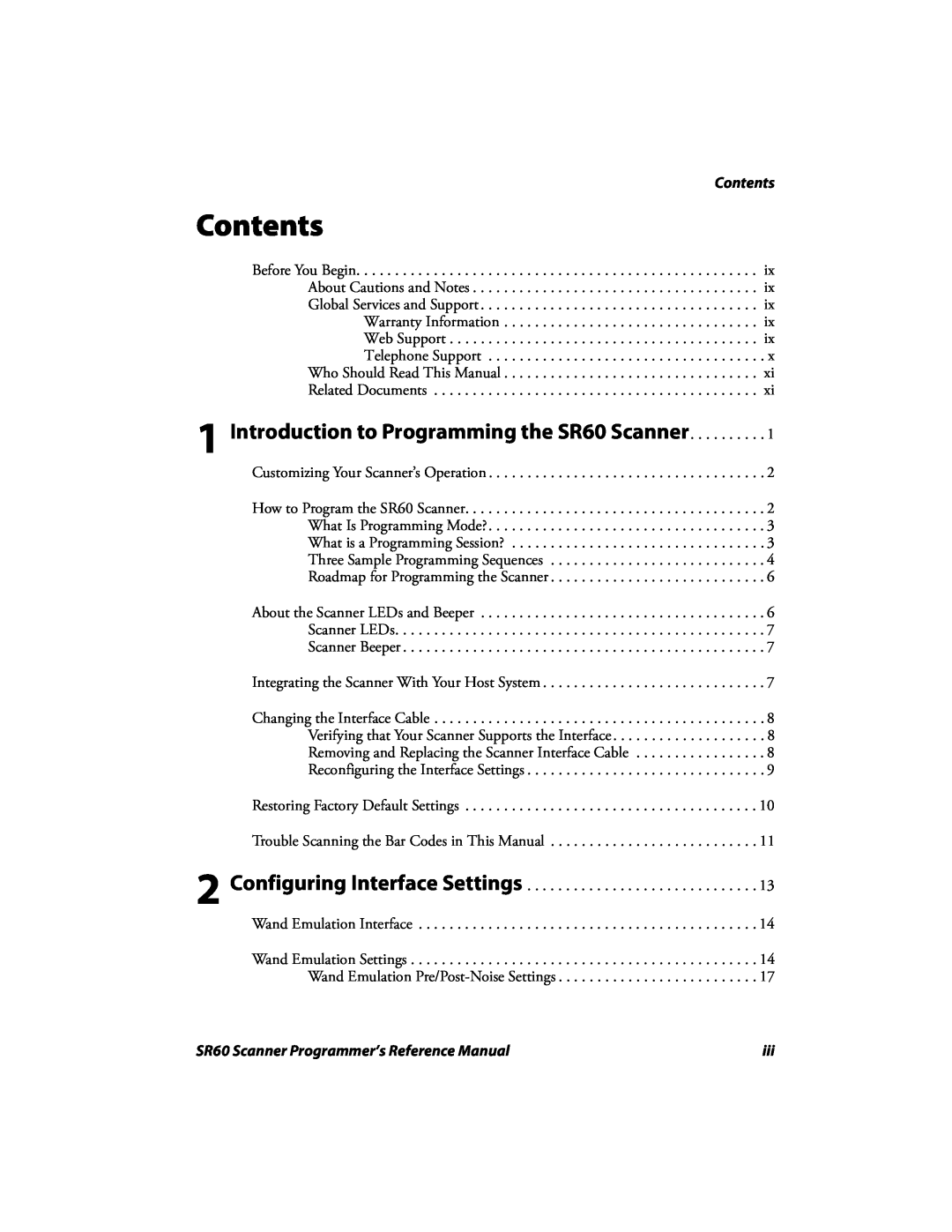 Intermec manual Introduction to Programming the SR60 Scanner, Contents, SR60 Scanner Programmer’s Reference Manual 