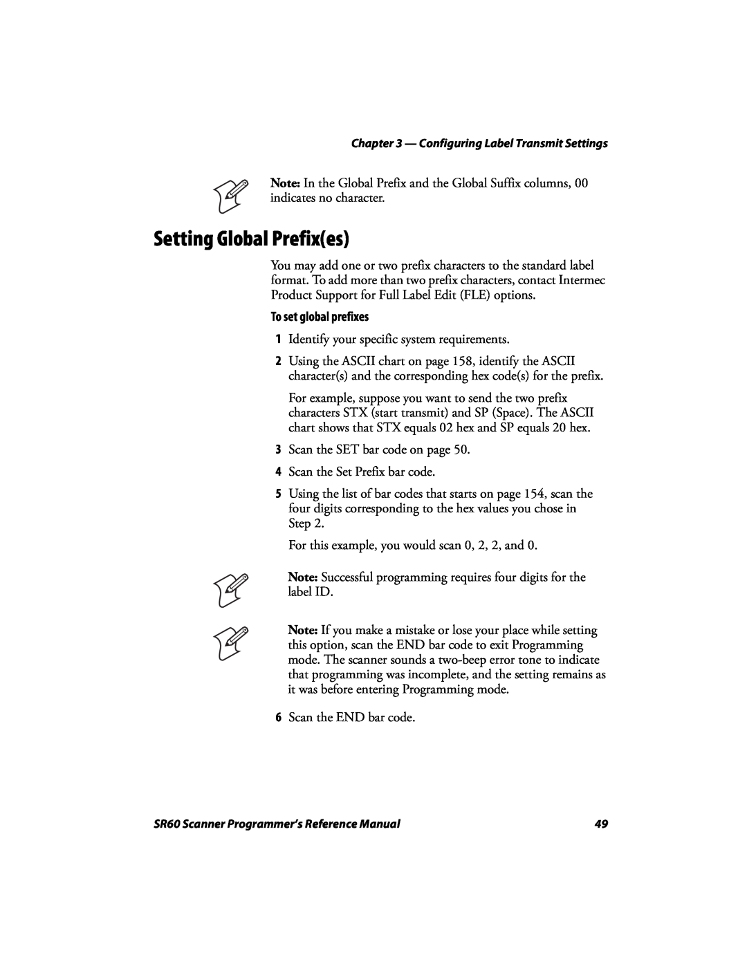 Intermec SR60 manual Setting Global Prefixes, To set global prefixes 
