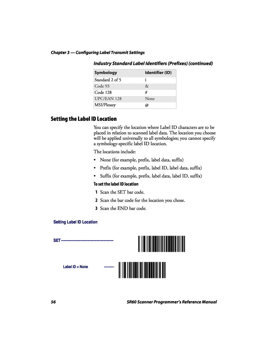 Intermec SR60 manual Setting the Label ID Location, Industry Standard Label Identifiers Prefixes continued 