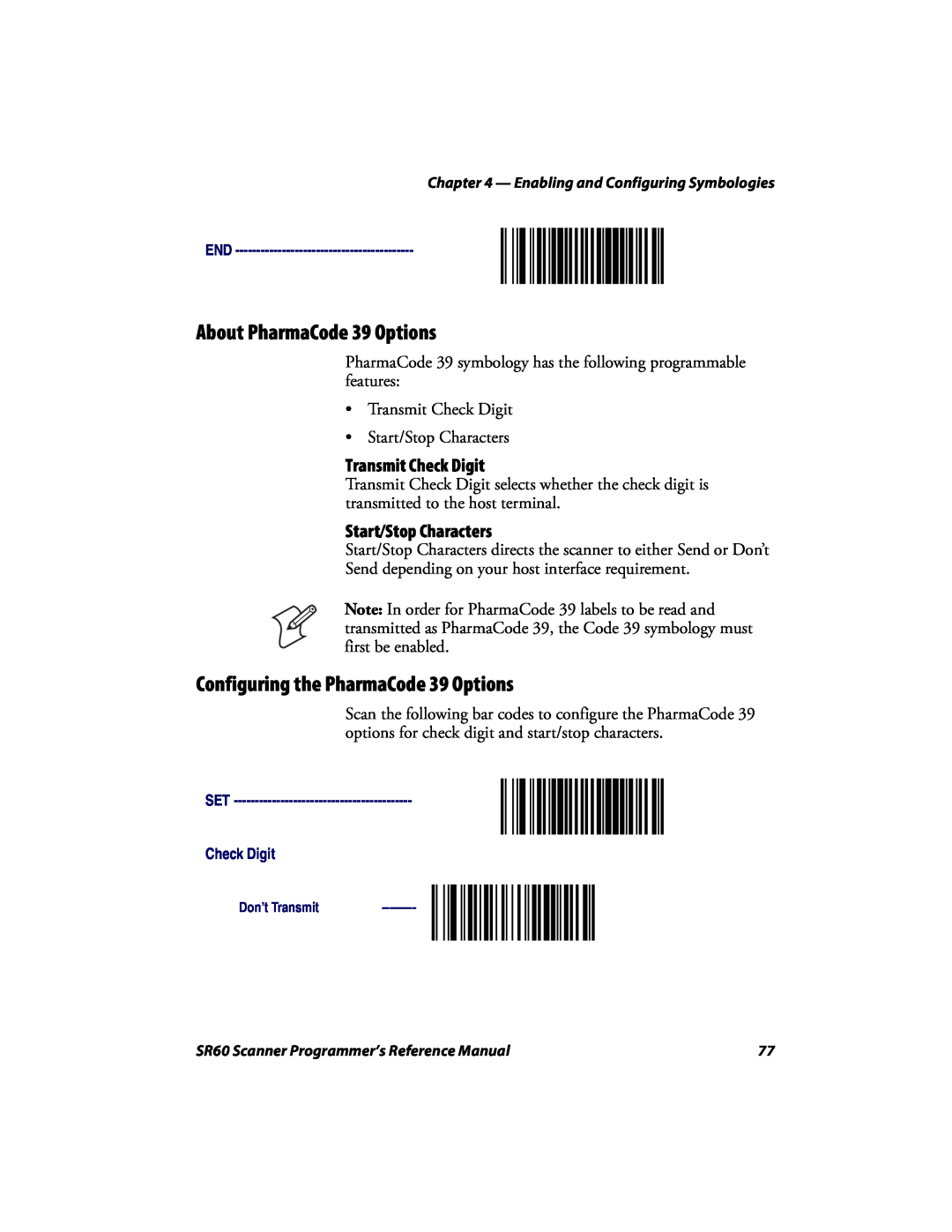 Intermec SR60 manual About PharmaCode 39 Options, Configuring the PharmaCode 39 Options, Transmit Check Digit 