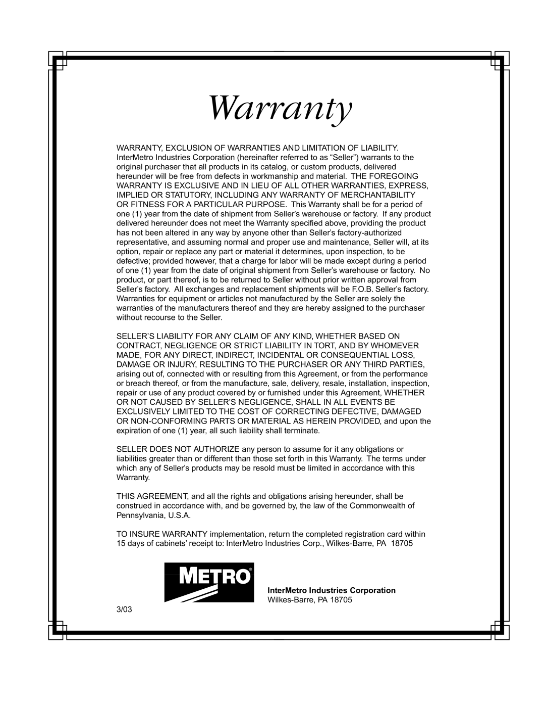 InterMetro Ind FL199, C199 user manual Warranty 