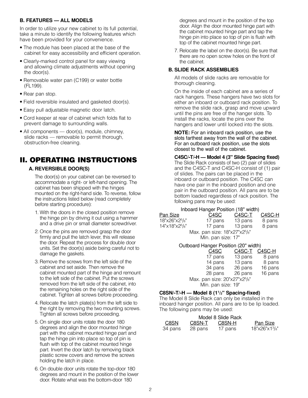 InterMetro Ind C199, FL199 II. Operating Instructions, Features ALL Models, Reversible Doors, Slide Rack Assemblies 