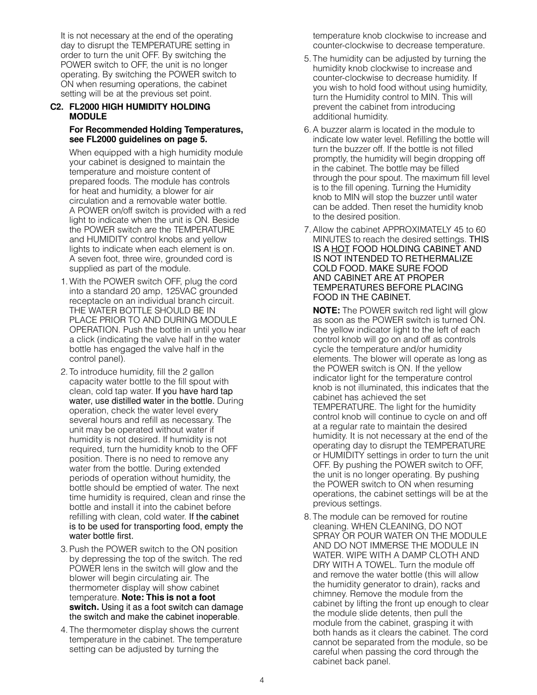 InterMetro Ind C199, FL199 user manual C2. FL2000 High Humidity Holding Module 