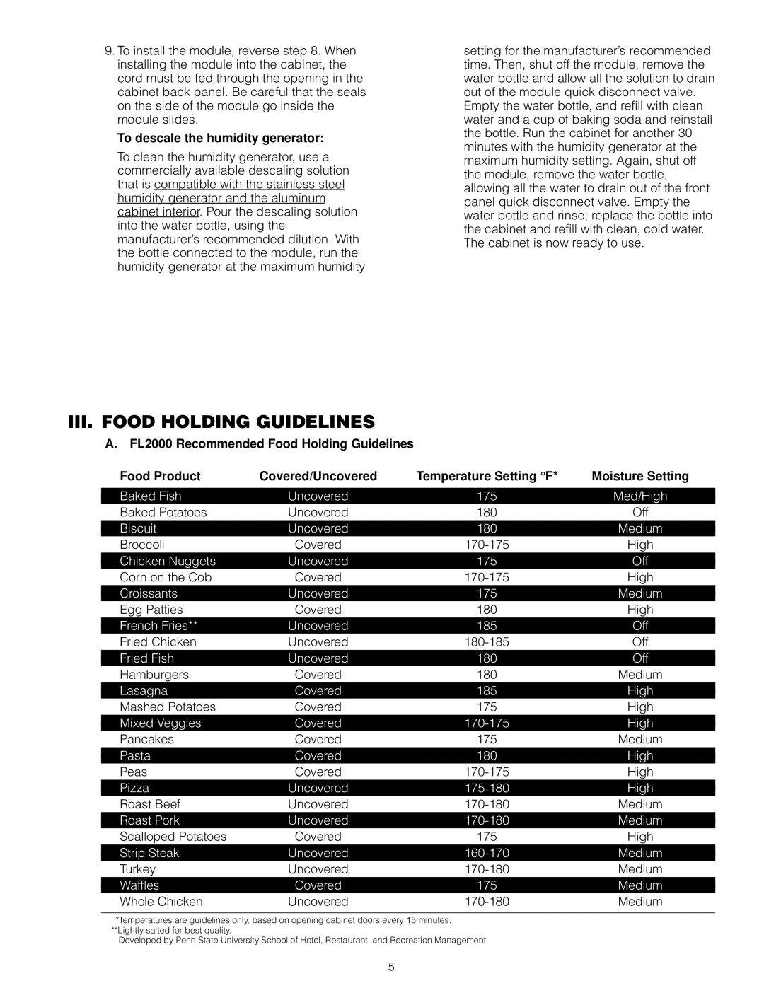 InterMetro Ind FL199, C199 user manual III. Food Holding Guidelines, To descale the humidity generator 