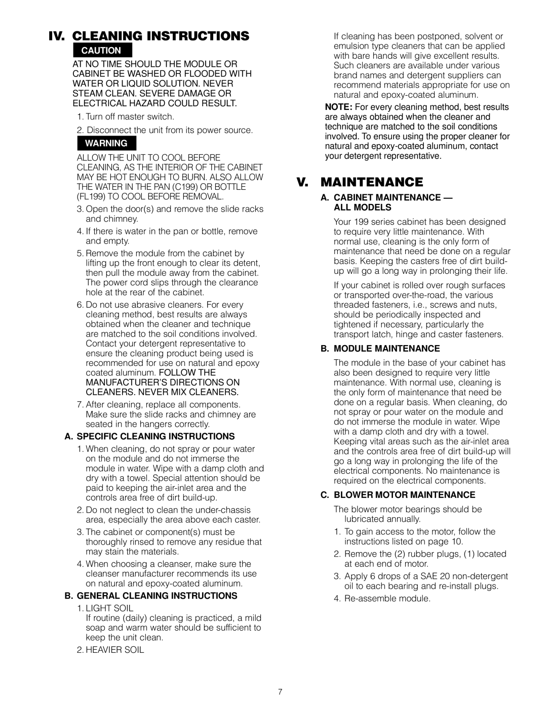 InterMetro Ind FL199, C199 user manual IV. Cleaning Instructions, Maintenance 