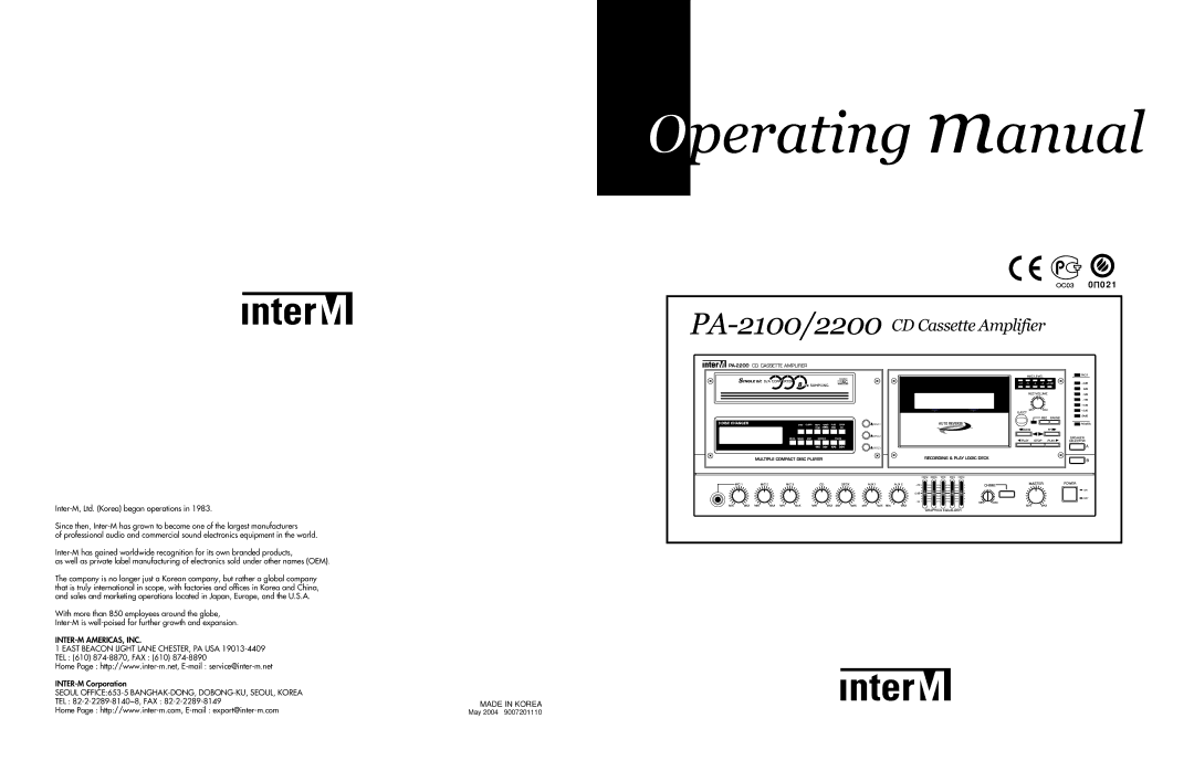 InterMetro Ind PA-2200 manual PA-2100/2200 CDCassette Amplifier 