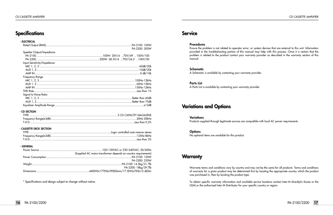 InterMetro Ind PA-2100, PA-2200 manual Specificationsi i ti, Servicei, Variationsi ti and Optionsti, Warrantyty 